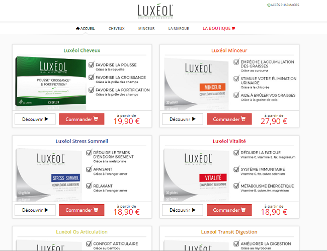 les tarifs des produits luxeol